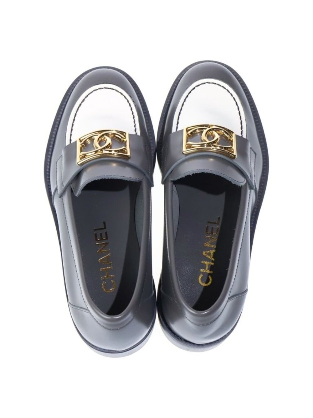 ★SOLD★ Chanel CC Logo Leather Low Cut Loafers Gray White - Picture 4 of 6